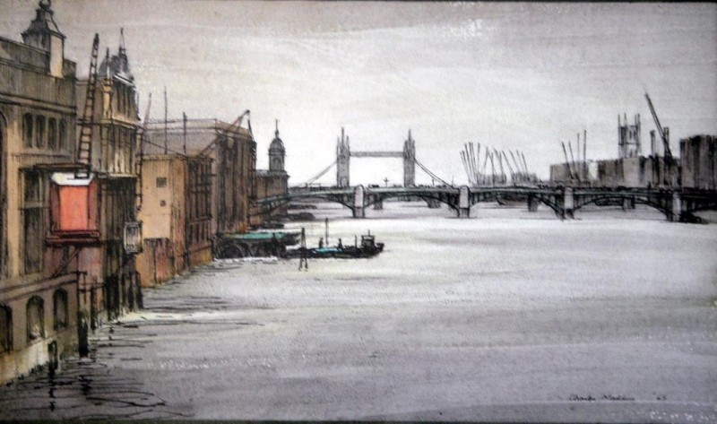 Sir Charles Madden (1906-2001), watercolour and ink, The Thames from the Mermaid Theatre, signed and dated 65, 32 x 55cm